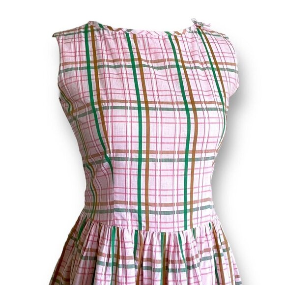 Vintage 1950s Womens Pink Plaid Dress Sz S Gassmann Switzerland Bow Detail Tween - Picture 2 of 9